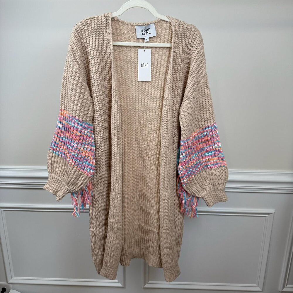 ASNE, Sweater, Size M, Beige Multicolor Knit Cardigan with Fringe Accents